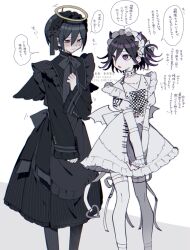  2boys ahoge angel_wings arm_belt bat_wings black_dress blush bow buttons checkered_bow checkered_clothes choker collarbone commentary_request crossdressing danganronpa_(series) danganronpa_v3:_killing_harmony dress embarrassed eyelashes fake_halo fake_horns flipped_hair frilled_dress frilled_sleeves frills gothic_lolita hair_between_eyes halo highres horns lolita_fashion long_sleeves low_wings maid maid_headdress male_focus male_maid masyu_bimitalya multiple_boys muted_color oma_kokichi pale_skin pantyhose partial_commentary purple_eyes purple_hair saihara_shuichi short_hair shy simple_background speech_bubble spiked_choker spikes standing sweat thigh_strap translation_request trap tray white_background white_dress wings yellow_eyes yellow_halo 