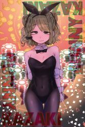  absurdres aged_up animal_ear_hairband animal_ears arms_behind_back black_leotard black_pantyhose black_ribbon bow bowtie braided_sidelock breasts card casino character_name cleavage closed_mouth coin covered_navel crossed_arms detached_collar double_bun fake_animal_ears fake_tail female gold_coin green_eyes green_hair hair_bun hair_ribbon hairband highleg highleg_leotard highres leotard light_smile looking_at_viewer medium_breasts morinaka_kazaki nijisanji pantyhose playboy_bunny playing_card poker_chip queen_(playing_card) rabbit_ear_hairband rabbit_ears ribbon smirk solo strapless strapless_leotard tail thighs traditional_bowtie tsuukon_(tukonn) virtual_youtuber white_wrist_cuffs wrist_cuffs 
