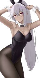  absurdres alternate_costume animal_ear_hairband animal_ears armpits arms_up black_leotard black_pantyhose breasts casperrin cleavage closed_mouth commentary cowboy_shot dark-skinned_female dark_skin english_commentary fake_animal_ears female girls&#039;_frontline girls&#039;_frontline_2:_exilium hairband highres leotard light_smile long_hair nemesis_(girls&#039;_frontline_2) pantyhose playboy_bunny ponytail purple_eyes rabbit_ears simple_background solo white_background white_hair white_wrist_cuffs wrist_cuffs 