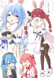  4girls :d animal_ear_fluff animal_ears arm_up bare_shoulders black_gloves black_leotard blue_hair bow braid breasts brown_eyes brown_pantyhose can carrot_hair_ornament cleavage cosplay detached_sleeves don-chan_(usada_pekora) dress food-themed_hair_ornament fur-trimmed_dress fur-trimmed_gloves fur_trim gloves grey_hat grey_jacket hair_between_eyes hair_ornament hairbow half-closed_eyes hat heart heart-shaped_eyes heterochromia highres holding holding_can hololive hoshimachi_suisei houshou_marine jacket japanese_clothes kimono kiritoma large_breasts leotard long_hair multicolored_hair multiple_girls one_side_up pantyhose parted_lips pink_hair plaid_clothes plaid_hat plaid_jacket puffy_short_sleeves puffy_sleeves purple_eyes rabbit-shaped_pupils rabbit_ears red_eyes red_hair revision sakura_miko shoes short_sleeves side_ponytail sleeveless sleeveless_kimono smile standing strapless strapless_dress strapless_leotard strong_zero symbol-shaped_pupils translation_request twin_braids twintails two-tone_hair usada_pekora usada_pekora_(1st_costume) usada_pekora_(cosplay) very_long_hair virtual_youtuber white_bow white_dress white_hair white_kimono white_shoes white_sleeves 