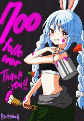  animal_ear_fluff animal_ears bare_arms bare_shoulders black_background blue_hair bow braid breasts bucket carrot_hair_ornament commentary_request female food-themed_hair_ornament from_side green_jumpsuit grin hair_between_eyes hair_ornament hairbow highres holding holding_bucket holding_paintbrush hololive jumpsuit jumpsuit_around_waist kiritoma looking_at_viewer looking_to_the_side milestone_celebration multicolored_hair paint_can paintbrush rabbit-shaped_pupils rabbit_ears red_eyes short_eyebrows signature simple_background small_breasts smile solo symbol-shaped_pupils thank_you thick_eyebrows twin_braids twintails two-tone_hair usada_pekora white_bow white_hair 
