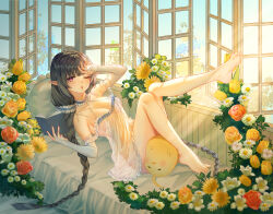  absurdres ayako_(13639839) azur_lane babydoll book braid breasts cleavage elf evertsen_(azur_lane) evertsen_(basking_by_the_window)_(azur_lane) female flower grey_hair highres holding holding_book indoors knees_up looking_at_viewer low_twin_braids lying manjuu_(azur_lane) medium_breasts official_alternate_costume on_back one_eye_closed pointy_ears purple_eyes red_flower see-through_babydoll see-through_clothes see-through_silhouette silhouette twin_braids white_babydoll white_flower window yellow_flower 