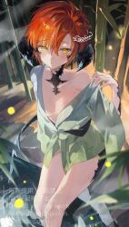  absurdres au_ra bamboo bamboo_forest breasts dragon_girl dragon_horns dragon_tail female final_fantasy final_fantasy_xiv forest highres horns looking_at_viewer loose_kimono nature orange_hair scales shikina_(mochigushi_) short_hair signature soaking_feet solo tail warrior_of_light_(ff14) yellow_eyes 