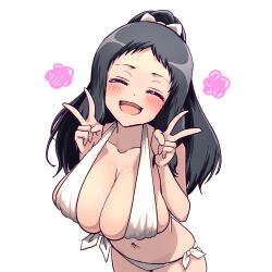  bikini black_hair blush bow breasts cleavage closed_eyes collarbone commentary_request double_v female flower front-tie_bikini_top front-tie_top hairbow highres hitofudegaki_usagi idolmaster idolmaster_cinderella_girls long_hair navel ohnuma_kurumi open_mouth oppai_loli pink_flower ponytail side-tie_bikini_bottom simple_background skindentation stomach swimsuit v white_background white_bikini 