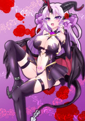  :d bare_shoulders black_thighhighs blood blood_splatter blush breasts bridal_gauntlets cleavage corruption dark_persona demon_girl demon_horns demon_tail demon_wings female flower hair_flower hair_ornament heart heart_tattoo horns kouyoku_senki_exs-tia large_breasts long_hair looking_at_viewer luxtia navel open_mouth pointy_ears pubic_tattoo purple_background purple_eyes purple_hair red_flower revealing_clothes rose saigayura showgirl_skirt single_horn sitting smile solo tail tattoo thigh_strap thighhighs wings 