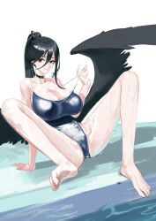  062_arts absurdres bare_shoulders barefoot black_hair black_wings blue_archive blue_one-piece_swimsuit breasts choker cleavage clothes_pull collarbone commission feathered_wings female groin_tendon hair_between_eyes hasumi_(blue_archive) highres large_breasts long_hair long_hair_between_eyes looking_at_viewer low_wings mole mole_under_eye no_halo one-piece_swimsuit one-piece_swimsuit_pull ponytail red_eyes school_swimsuit solo swimsuit thighs very_long_hair wet wings 