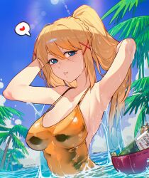  armpits blonde_hair blue_eyes blush breasts cesar_art456 darkness_(konosuba) day female highres kono_subarashii_sekai_ni_shukufuku_wo! large_breasts long_hair looking_at_viewer outdoors ponytail sidelocks solo teeth very_long_hair water wet 