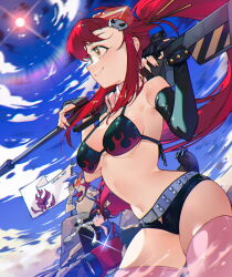  2boys black_gloves black_shorts blue_sky boota_(ttgl) breasts cesar_art456 female fingerless_gloves gloves gun highres kamina_(ttgl) long_hair multiple_boys orange_eyes red_hair rifle short_shorts shorts simon_(ttgl) sky smile sun tengen_toppa_gurren_lagann thighs very_long_hair weapon yoko_littner 
