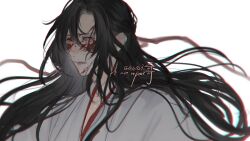  1010923 1boy alternate_costume black_hair blood blood_on_face chinese_clothes crying crying_with_eyes_open floating_hair hair_between_eyes hair_down hair_ribbon half_updo hanfu long_hair looking_to_the_side male_focus modao_zushi official_alternate_hairstyle parted_lips red_eyes red_ribbon ribbon signature simple_background smile solo tears teeth twitter_username upper_body wei_wuxian wei_wuxian_(yiling_laozu) white_background white_hanfu wide-eyed 