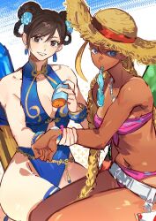  2girls applying_sunscreen belt bikini black_hair blonde_hair blue_eyes blue_one-piece_swimsuit bracelet braid braided_hair_rings breasts brown_eyes brown_hair cammy_white chun-li commentary dark-skinned_female dark_skin earrings flower hair_flower hair_ornament hair_rings hat highleg highleg_one-piece_swimsuit highres jewelry looking_at_viewer loose_belt lotion multiple_girls official_alternate_costume official_alternate_hairstyle one-piece_swimsuit pink_bikini smile strapless strapless_bikini straw_hat street_fighter street_fighter_6 sunscreen swimsuit symbol-only_commentary tan tanlines thighs twintails white_belt yumi_xsh 