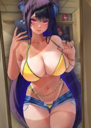  asymmetrical_horns bikini black_hair blue_hair bracelet brazilian_miku brazilian_miku_(cosplay) breasts cleavage closed_mouth colored_inner_hair commentary cosplay denim denim_shorts elizabeth_rose_bloodflame english_commentary female green_nails hands_up hatsune_miku highleg highleg_bikini holding holding_phone hololive hololive_english horns jewelry large_breasts lazik_1337 long_hair looking_at_viewer mirror_selfie mole mole_under_eye multicolored_hair nail_polish navel nerissa_ravencroft open_fly phone purple_eyes selfie shorts sidelocks slit_pupils smile solo swimsuit tan tanlines uneven_horns very_long_hair virtual_youtuber vocaloid yellow_bikini yellow_nails 