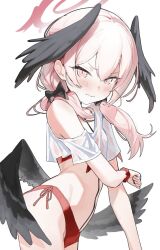  black_wings blue_archive cowboy_shot feathered_wings female halo highres koharu_(blue_archive) layer_(shinobu) long_hair looking_at_viewer low_wings pink_hair short_sleeves simple_background single_bare_shoulder solo stomach white_background wings 