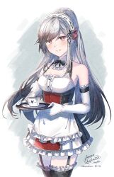  alternate_costume apron azur_lane bare_shoulders black_dress black_garter_straps black_thighhighs breasts center_frills commentary_request commission cowboy_shot cup detached_collar dress dunkerque_(azur_lane) elbow_gloves enmaided female framed_breasts frilled_apron frilled_dress frilled_gloves frills garter_straps gloves grey_hair highres holding holding_tray ittokyu long_hair looking_at_viewer maid medium_breasts multicolored_dress purple_eyes red_dress signature simple_background skeb_commission sleeveless sleeveless_dress solo teacup thighhighs traditional_media tray waist_apron white_apron white_gloves 