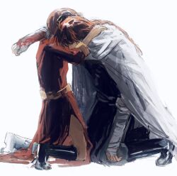  1boy bandaged_arm bandages black_boots black_shirt blood blood_on_bandages boots braid brother_and_sister cape chinese_clothes dress female gintama grey_cape highres hug kagura_(gintama) kamui_(gintama) kneeling long_hair lushu_kuye orange_hair red_dress shirt short_hair siblings single_braid white_background 