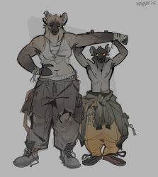  anthro armpit_hair body_hair bottomwear clothing duo female footwear hi_res holding_arm hyena infezmite larger_female male male/female mammal muscular muscular_female pants shirtless_male shoes size_difference smaller_male spotted_hyena torn_clothing 