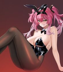 absurdres alternate_costume animal_ear_hairband animal_ears arm_support bare_shoulders black_bow black_bowtie black_leotard black_pantyhose bow bowtie breasts collar commentary detached_collar fake_animal_ears feet_out_of_frame female grin hair_between_eyes hairband highres large_breasts leotard long_hair looking_at_viewer lupa_(wuthering_waves) pantyhose pink_hair rabbit_ear_hairband rabbit_ears red_background red_pupils sitting smile solo strapless strapless_leotard tacet_mark_(wuthering_waves) twintails twomoon white_collar wuthering_waves yellow_eyes 
