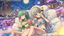  2girls ^_^ ahoge assault_lily bare_arms bare_legs bare_shoulders beach_umbrella bikini bikini_skirt blue_bikini blue_eyes blurry blurry_background blush bow_hairband bracelet breasts building chair choker cleavage closed_eyes cloud collarbone commentary_request copyright_notice dutch_angle eating floral_print food frilled_bikini frilled_thigh_strap frills front-tie_bikini_top front-tie_top full_moon green_bikini green_hair grey_hair hair_ornament hair_ribbon hairband hairclip halterneck hand_on_own_cheek hand_on_own_face hands_up holding holding_food holding_ice_cream holding_ice_cream_cone holding_spoon ice_cream ice_cream_cone inflatable_raft jewelry kanabako_misora knees_up licking licking_finger long_hair looking_at_food lounge_chair low_twintails medium_breasts moon multi-strapped_bikini_bottom multiple_girls multiple_scoops navel night official_alternate_costume official_art outdoors outstretched_leg plaid_bikini plaid_clothes pool print_bikini raised_eyebrows ribbon sakumichi sitting smile sparkle splashing spoon stairs stomach swimsuit tanaka_ichi thigh_strap tongue tongue_out twintails umbrella very_long_hair water water_drop wavy_mouth wet white_choker white_hairband white_ribbon 