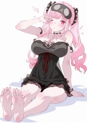  ;o absurdres bare_shoulders black_choker black_mask black_nightgown black_scrunchie blush breasts choker commentary female hair_ornament hair_scrunchie highres hololive hololive_english huge_breasts kamiya_maneki long_hair looking_at_viewer mori_calliope mori_calliope_(sleepwear) nightgown one_eye_closed open_mouth pink_eyes pink_hair red_ribbon ribbon rubbing_eyes scrunchie signature simple_background sitting skull_choker skull_print sleep_mask solo squeans strap_slip thighs twintails twitter_username virtual_youtuber white_background 