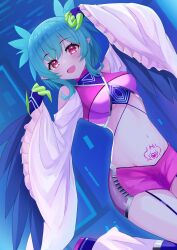  absurdres black_feathers black_wings blush breasts claws commentary commission english_commentary feathers female green_hair harpy heart heart_tattoo highres hzhc indie_virtual_youtuber lincoro midriff monster_girl navel open_mouth pink_shorts pointy_ears red_eyes second-party_source short_hair short_twintails shorts small_breasts solo stomach_tattoo tattoo twintails virtual_youtuber wide_sleeves winged_arms wings 