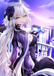  absurdres ahoge balcony black_bow black_dress blush bow breasts cityscape dress fate/grand_order fate_(series) female flower hair_between_eyes hair_flower hair_ornament hane_yuki highres jeanne_d&#039;arc_alter_(fate) jeanne_d&#039;arc_alter_(over_the_same_sky)_(fate) large_breasts long_hair long_sleeves looking_at_viewer night night_sky open_mouth purple_flower purple_rose purple_shrug rose sideboob sky smile solo very_long_hair white_hair yellow_eyes 