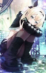  aqua_eyes arms_on_knees black_hoodie black_shoes black_skirt black_socks blonde_hair brown_pantyhose commentary_request crop_top cropped_hoodie female full_body hair_ribbon highres hololive hood hood_down hoodie kazama_iroha kazama_iroha_(pop_dance) knees_together_feet_apart long_hair long_sleeves mamdtsubu midriff miniskirt official_alternate_costume pantyhose puffy_long_sleeves puffy_sleeves ribbon screen shirt shoes skirt socks solo sparkle stage stage_lights tongue tongue_out twintails undershirt v virtual_youtuber white_shirt 