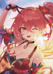  bare_shoulders black_choker black_gloves blush breasts chinese_clothes choker cleavage collarbone commentary detached_sleeves diamond-shaped_pupils diamond_(shape) dress female flower gloves guinaifen_(honkai:_star_rail) hair_flower hair_ornament hand_up highres honkai:_star_rail honkai_(series) large_breasts long_hair looking_at_viewer one_eye_closed orange_eyes ponytail red_dress red_hair short_sleeves side_ponytail solo symbol-shaped_pupils upper_body v yanjem 