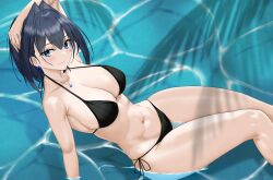  abs absurdres bikini black_bikini black_hair blue_eyes breasts cloudrain_demon earrings female highres hololive hololive_english jewelry large_breasts linea_alba navel ouro_kronii palm_tree partially_submerged shadow solo swimsuit thigh_gap toned toned_female tree virtual_youtuber 