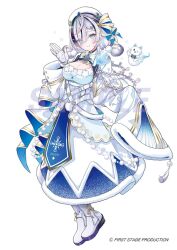  ahoge arm_up belt_around_waist black_choker black_hair blue_eyes boots breasts choker cleavage cross_hair_ornament crystal_hair_ornament dress female first_stage_production full_body ghost gloves grey_hair hair_ornament hair_over_one_eye hair_ribbon hat large_breasts large_ribbon layered_dress light_blush long_sleeves looking_at_viewer mascot multicolored_hair muto_(n0sug4r) neck_ribbon ribbon rope single_sleeve_past_fingers sleeves_past_fingers sleeves_past_wrists smile snowflake_hair_ornament snowflake_print snowflakes solo streaked_hair virtual_youtuber waist_ribbon watermark white_background white_boots white_dress white_gloves white_hair white_hat white_ribbon yuyu_yura 