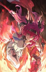 absurdres armlet black_bow bodysuit boots bow breasts collar commentary female grin hair_between_eyes hairband hairbow headgear highres holding holding_polearm holding_weapon jewelry large_breasts long_hair looking_ahead lupa_(wuthering_waves) mechanical_ears metal_collar metal_hairband pink_hair polearm r1zen red_pupils signature smile solo symbol-only_commentary tail thigh_boots weapon white_bodysuit white_boots wolf_tail wrist_guards wuthering_waves yellow_eyes 