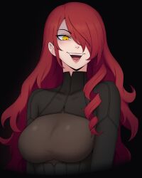  absurdres black_background breasts commentary dark_persona edmonmondo english_commentary female hair_over_one_eye highres kirijou_mitsuru large_breasts long_hair open_mouth persona persona_4:_the_ultimate_in_mayonaka_arena pink_lips red_hair shadow_mitsuru simple_background smile solo upper_body wavy_hair yellow_eyes 