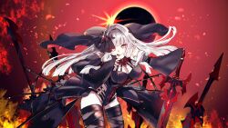  :p breasts bridal_veil cleavage corruption dark_persona detached_sleeves eclipse embers eta_(kage_no_jitsuryokusha_ni_naritakute!) female fire highres kage_no_jitsuryokusha_ni_naritakute! kage_no_jitsuryokusha_ni_naritakute!_master_of_garden large_breasts long_hair looking_at_viewer official_alternate_costume official_art planted planted_sword pointy_ears polearm red_eyes solar_eclipse spear sword tongue tongue_out veil weapon white_hair 