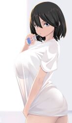  black_hair bob_cut bottomless breasts drinking drinking_straw female from_side hayakawa_mayumi highres holding_juice_box juice_box large_breasts looking_at_viewer original sanpaku see-through_clothes see-through_shirt shiki_(psychedelic_g2) shirt short_hair signature solo t-shirt white_shirt 