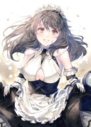  apron azur_lane bare_shoulders black_dress breasts charybdis_(azur_lane) clothes_lift clothing_cutout commentary_request dress dress_lift elbow_gloves female framed_breasts gloves grey_eyes grey_hair hairband highres ittokyu lace-trimmed_hairband lace_trim large_breasts long_hair looking_at_viewer maid_headdress official_alternate_costume signature sleeveless smile solo underboob_cutout white_apron white_gloves 