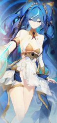  absurdres ahoge ancient_greek_clothes armlet bare_shoulders blue_eyes blue_hair blue_skirt breasts cleavage closed_mouth commentary female gold_bra greco-roman_clothes hair_ornament head_wreath highres iuno_(wuthering_waves) jewelry kuuro_(kuuroart) medium_breasts showgirl_skirt skirt smile solo thighs wuthering_waves 