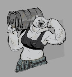  anthro barrel bear bottomwear clothing female hi_res holding_object infezmite mammal muscular muscular_female pants polar_bear solo topwear ursine 