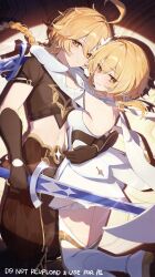  1boy absurdres aether_(genshin_impact) blonde_hair boots breasts brother_and_sister closed_mouth detached_sleeves dress feather_hair_ornament feathers female flower genshin_impact hair_flower hair_ornament highres hug imasaki_kei long_sleeves lumine_(genshin_impact) short_hair_with_long_locks siblings smile standing standing_on_one_leg thigh_boots white_boots white_dress white_flower yellow_eyes 