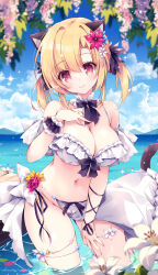  animal_ear_fluff animal_ears bare_shoulders bikini black_bow black_bowtie blonde_hair blue_sky blush bow bowtie breasts cat_ears cat_tail cleavage closed_mouth cloud cloudy_sky collar detached_collar female flower frills hair_flower hair_ornament highres large_breasts long_hair looking_at_viewer nanaroba_hana navel original outdoors pink_eyes ribbon sky smile solo stomach swimsuit tail water white_bikini wrist_cuffs 