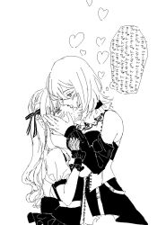  2girls bang_dream! bang_dream!_it&#039;s_mygo!!!!! blush clothing_cutout commentary_request corset dress gloves greyscale hair_ribbon hand_on_another&#039;s_face heart highres licking licking_another&#039;s_face long_hair medium_hair misumi_uika monochrome multiple_girls ribbon short_sleeves shoulder_cutout speech_bubble sweat thought_bubble togawa_sakiko tongue tongue_out translated two_side_up uluko yuri 