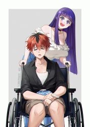  1boy :d artist_name black_choker black_hair black_shirt breasts bright_pupils brown_shorts choker commentary contemporary female fern_(sousou_no_frieren) highres ice_pack inkspirate large_breasts long_hair multicolored_hair purple_eyes purple_hair red_hair shirt short_hair shorts sitting smile sousou_no_frieren splint stark_(sousou_no_frieren) two-tone_hair wheelchair white_pupils white_shirt wide-eyed 