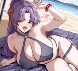  absurdres armpits bare_arms bare_shoulders bikini black_bikini blue_archive blush breasts cleavage covered_nipples female flower hair_flower hair_ornament highres huge_breasts long_hair looking_at_viewer navel oerba_yun_fang official_alternate_costume official_alternate_hairstyle open_mouth parted_bangs ponytail purple_eyes purple_hair red_flower skin_fang solo swimsuit thigh_strap woo_(woosan) yukari_(blue_archive) yukari_(swimsuit)_(blue_archive) 