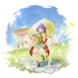  absurdres alexhong1129 architecture bare_legs bare_shoulders blue_sky bow breasts building curvy detached_sleeves dress east_asian_architecture fate/grand_order fate_(series) female flower full_body geta grass green_dress hair_between_eyes hair_flower hair_ornament highres holding holding_umbrella kazuradrop_(fate) kazuradrop_(third_ascension)_(fate) layered_clothes layered_skirt leaf looking_at_viewer multiple_torii off_shoulder oil-paper_umbrella open_mouth outdoors outstretched_arm outstretched_hand purple_eyes purple_hair red_ribbon ribbon short_hair skirt sky small_breasts smile solo spread_fingers standing thighs torii umbrella umbrella_over_shoulder white_skirt wind yellow_bow 