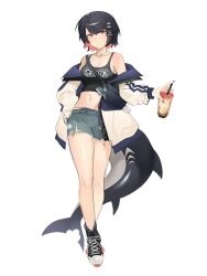  black_hair black_shirt blue_shorts colored_inner_hair crop_top cup disposable_cup ellen_joe female fins fish_tail full_body holding holding_cup jacket mole mole_under_eye multicolored_hair navel open_clothes open_jacket ototnmw1 razor_blade_hair_ornament red_eyes shark_girl shark_tail shirt short_hair shorts simple_background tail zenless_zone_zero 