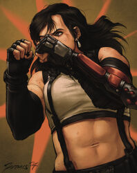  artist_name black_hair clenched_hands crop_top dated earrings female fighting_stance final_fantasy final_fantasy_vii fingerless_gloves gloves highres jewelry jxthics long_hair looking_at_viewer midriff mole mole_on_arm navel red_eyes solo suspenders sweat tank_top tifa_lockhart upper_body 
