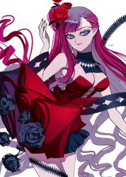  absurdres aedh076 baobhan_sith_(fate) baobhan_sith_(fgo_fes._2025)_(fate) breasts detached_collar dress fate/grand_order fate_(series) female flower grey_eyes hair_bun hair_flower hair_ornament hand_up highres long_hair pink_hair pointy_ears red_dress smile solo white_flower 