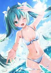  2024 ;d alternate_costume ass_visible_through_thighs bare_arms bare_shoulders bikini blue_sky blurry blush bow bow_bikini breasts breasts_apart chisamikan collarbone commentary_request cowboy_shot dated depth_of_field dutch_angle female floating_hair front-tie_bikini_top front-tie_top glint green_eyes green_hair hairbow hand_up happy hatsune_miku highres long_hair looking_at_viewer medium_breasts navel ocean one_eye_closed open_mouth outstretched_hand sidelighting signature sky smile solo splashing stomach sunlight swimsuit teeth twintails upper_teeth_only very_long_hair vocaloid water water_drop white_bikini white_bow 