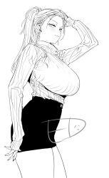  arm_up breasts closed_mouth commentary cowboy_shot female goshiki_suzu greyscale hand_on_own_head large_breasts line_art long_hair long_sleeves looking_at_viewer miniskirt monochrome original ponytail ribbed_sweater signature skirt sleeves_past_wrists solo sweater tokiwa_nao turtleneck turtleneck_sweater 