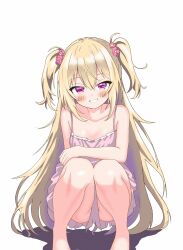  bare_arms bare_shoulders barefoot blonde_hair blush breasts collarbone commentary_request dress female flower frilled_dress frills grin hair_between_eyes hair_flower hair_ornament highres inusoku knees_together_feet_apart long_hair looking_at_viewer multicolored_hair original pink_dress pink_flower purple_hair red_eyes short_dress simple_background sleeveless sleeveless_dress small_breasts smile solo spaghetti_strap squatting sundress two_side_up very_long_hair white_background 