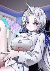  +_+ absurdres ayatsuno_yuni blue_ribbon blush breasts cleavage crop_top cropped_jacket eles01 female gradient_hair gradient_wings grey_hair hair_ribbon hand_on_own_thigh hashtag-only_commentary highres horns indoors jacket knee_up large_breasts long_hair long_sleeves looking_at_viewer low_twintails multicolored_hair multicolored_wings pink_wings purple_eyes ribbon shirt single_horn sitting skirt smile solo stellive twintails underboob unicorn_girl unicorn_horn very_long_hair virtual_youtuber white_jacket white_shirt white_skirt window wings 