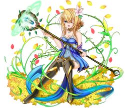  aneten armored_legwear bare_shoulders blonde_hair blue_dress blue_eyes breasts cleavage dress emil_chronicle_online female flower hair_flower hair_ornament highres holding holding_staff jewelry large_breasts le_fay_lore off-shoulder_dress off_shoulder one_eye_closed pendant staff thorns 