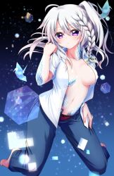  9-nine- absurdres ahoge alternate_costume barefoot black_bow blush bow bow_panties braid breasts breasts_apart clenched_hand collarbone collared_shirt commentary_request commission covered_nipples denim eyes_visible_through_hair female floating_hair full_body green_ribbons grey_hair hair_between_eyes hair_ribbon hand_on_own_hip hand_up highres jeans kneeling large_breasts light_particles long_hair looking_at_viewer navel niimi_sora no_bra open_clothes open_shirt panties pants parted_lips purple_eyes red_panties ribbon second-party_source shirt short_sleeves side_ponytail sidelocks signature single_braid skeb_commission solo stomach tamamo_(1_tamamo) underwear unzipped white_shirt 